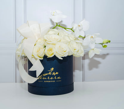SPHERE OF ROSES WITH ORCHID · HIGH BOX