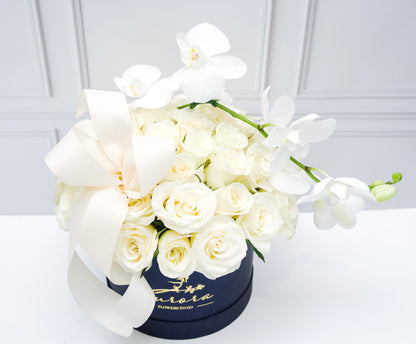 SPHERE OF ROSES WITH ORCHID · HIGH BOX